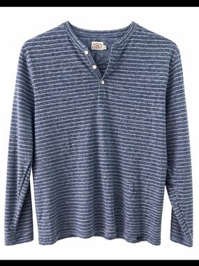Faherty Slub Cotton Striped Henley Shirt Blue Long Sleeve Size Large